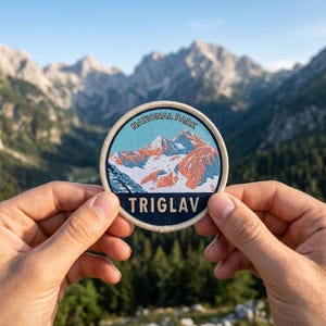 May include: A round patch featuring a mountain landscape with the text "NATIONAL PARK" and "TRIGLAV". The patch has a blue and beige border, with a mountain range in shades of orange and white. The patch is held in front of a blurred mountain backdrop.