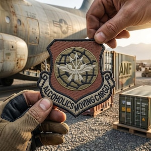 May include: A brown and gold patch with the text "Alcoholics Moving Cargo" and a central emblem featuring a globe, arrows, and wings. The patch is held up in front of a military aircraft and shipping containers.
