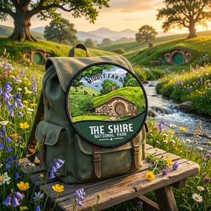 May include: An olive green backpack with brown straps and buckles, resting on a wooden bench. A circular patch on the backpack features a Middle Earth scene with the text "The Shire National Park."