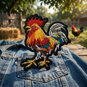 May include: A colorful embroidered rooster patch with a black border is displayed on a denim jacket pocket. The rooster features red, yellow, orange, and blue hues. The background shows a rural scene with a second rooster in the distance.