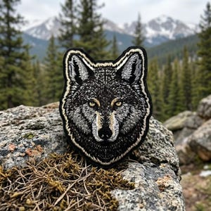 May include: Embroidered patch featuring a detailed wolf head with black, gray, and tan thread. The wolf has piercing yellow eyes and a black nose. The patch is set against a backdrop of mountains and trees.