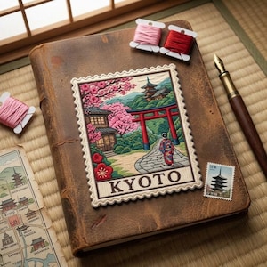 May include: A rectangular embroidered patch featuring a scenic Kyoto landscape with a red torii gate, cherry blossoms, and a person in a kimono, labeled KYOTO. The patch rests on a brown leather journal with pink and red thread spools and a fountain pen.