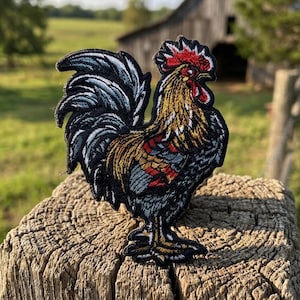 May include: Embroidered patch of a rooster with detailed stitching. The rooster features a red comb, gold and brown feathers, and a black tail. The patch is placed on a weathered wooden surface, with a barn in the background. The patch is approximately 4 inches tall.