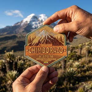 May include: A patch featuring Mount Chimborazo in the Andes Mountains, Ecuador. The patch has a brown and gold color scheme with the mountain peak in the center. The text "Mount Chimborazo 6,270 M Andes Mountains Ecuador" is displayed on the patch.