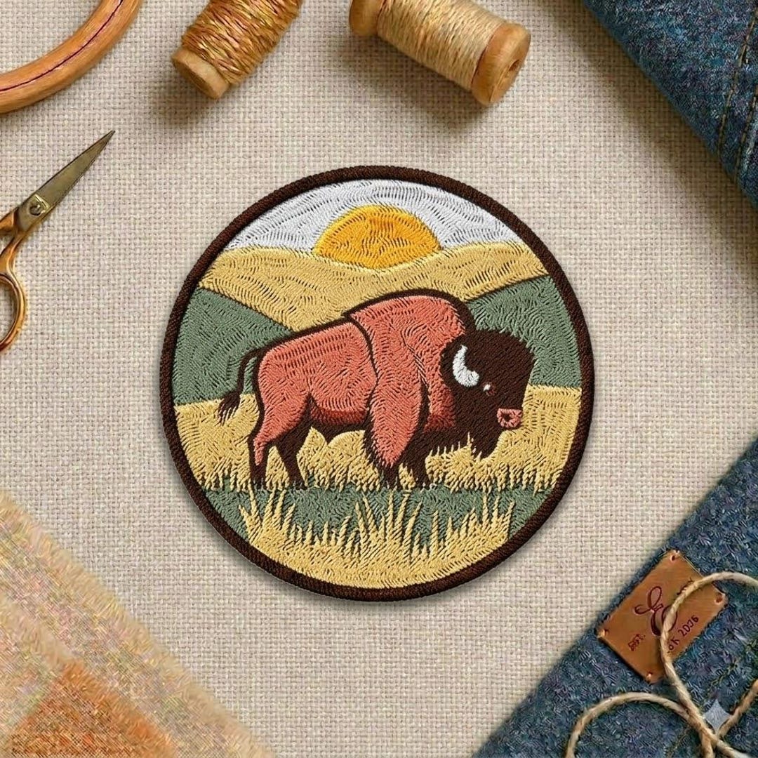 Bison Patch – Vintage Landscape Wildlife Iron-on Applique - Etsy