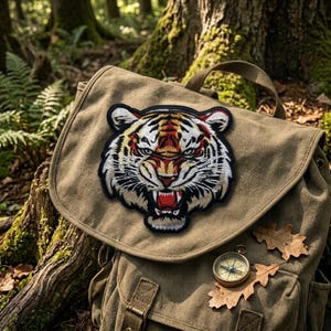 May include: A canvas backpack in olive green with a large embroidered tiger patch. The tiger patch features a detailed design with white, orange, and black colors. A small compass and autumn leaves rest on the backpack.