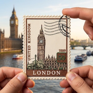 May include: A rectangular embroidered patch designed to look like a postage stamp. It features an illustration of the Elizabeth Tower in London, with the text UNITED KINGDOM, LONDON, 1889, and the number 50. It has a scalloped edge and black postmark lines.