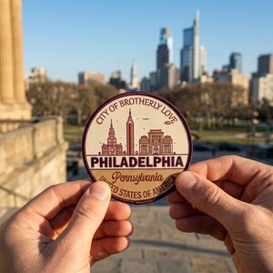 May include: A round patch featuring a Philadelphia, Pennsylvania design with the text "City of Brotherly Love." The patch has a cream background with a maroon border and includes illustrations of city landmarks.