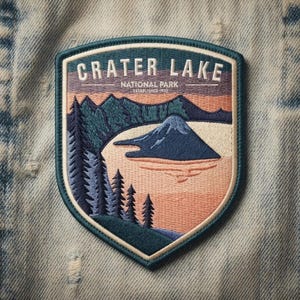 Crater Lake National Park Embroidered Patch – Oregon Mountain Landscape, Iron On Hiking Souvenir
