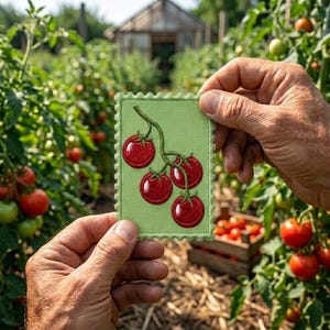 May include: A rectangular embroidered patch with a scalloped edge featuring a green background and a cluster of four red tomatoes on a vine. The design is stitched with detailed thread work, showcasing the round shape and highlights of the tomatoes.
