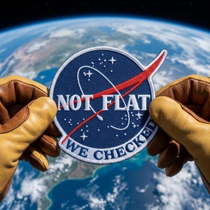 May include: A circular embroidered patch with a dark blue background, white text reading NOT FLAT and WE CHECKED, a red swoosh, and white star graphics. The patch features a white border and is held against a view of the Earth from space.