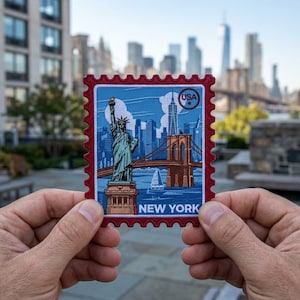May include: A rectangular embroidered patch shaped like a postage stamp with a dark red border. The design features the Statue of Liberty, the Brooklyn Bridge, and the New York City skyline in blue and brown tones, with the text USA and NEW YORK.