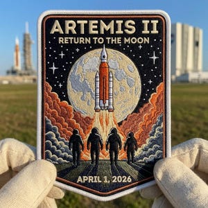 May include: Embroidered patch featuring the Artemis II mission, with a rocket launching towards the moon. The patch includes the text "ARTEMIS II RETURN TO THE MOON" and "APRIL 1, 2026". The design shows astronauts and a starry background.