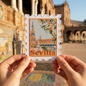 May include: A rectangular embroidered patch shaped like a postage stamp featuring a detailed scene of the Plaza de España in Seville, Spain. The design includes a tall tower, arched architecture, and orange tree branches, with the word Sevilla in orange.