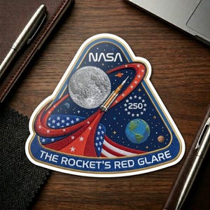 May include: A NASA patch featuring a rocket launching from a red and white trail, with a full moon and Earth in the background. The patch has a blue border and text that reads "THE ROCKET'S RED GLARE" and "NASA".