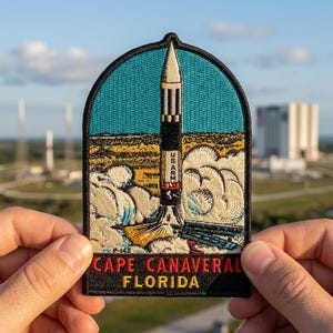 May include: An embroidered patch featuring a rocket launch against a teal sky. The rocket is black and white with the text US ARMY. Below, the text reads CAPE CANAVERAL FLORIDA and P-142. The design includes yellow ground and white smoke clouds.