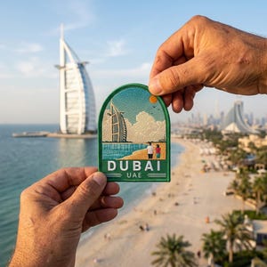 May include: A green patch featuring the word "DUBAI" and an illustration of the Burj Al Arab hotel and a couple on a beach. The patch is held up in front of the actual Dubai skyline and the Burj Al Arab.