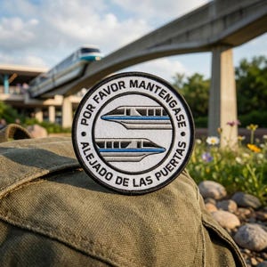 May include: A round patch with a black border and the text "POR FAVOR MANTENGASE ALEJADO DE LAS PUERTAS" in white. The patch features two stylized monorail train illustrations in blue and white.