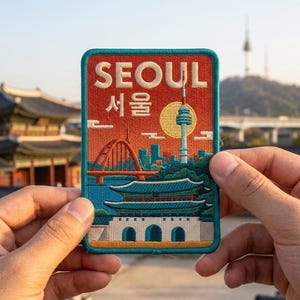 May include: A rectangular embroidered patch featuring a red background with the text SEOUL and Korean characters. The design depicts a teal-roofed traditional building, a red arched bridge, a tall tower, and a yellow sun against a blue sky.