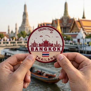 May include: A round patch with the text "Krung Thep Bangkok Thailand" and a Thai flag. The patch features a red and white design of Thai temples and buildings. The patch is held in front of a blurred background of a river and buildings.