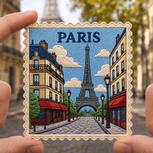May include: A square embroidered patch with a scalloped edge featuring a scene of Paris. The design shows the Eiffel Tower centered between two multi-story buildings with red awnings, a cobblestone street, street lamps, and the word PARIS.