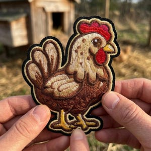 May include: An embroidered patch featuring a brown chicken with a red comb and wattle, a yellow beak, and light brown speckled feathers. The design is outlined in black thread, showcasing a detailed avian figure with a rounded body and tail.