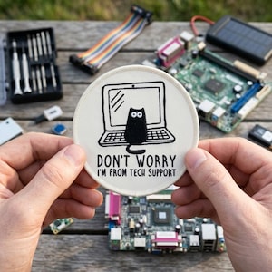 May include: A round, off-white patch with a black cat illustration on a laptop, with the text "DON'T WORRY I'M FROM TECH SUPPORT". The patch is held in front of computer components and tools.
