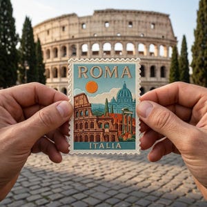 May include: A rectangular postage stamp featuring a colorful illustration of the Colosseum and a domed building in Rome. The text ROMA is printed at the top and ITALIA at the bottom. The stamp has a scalloped white border and a bright orange sun.