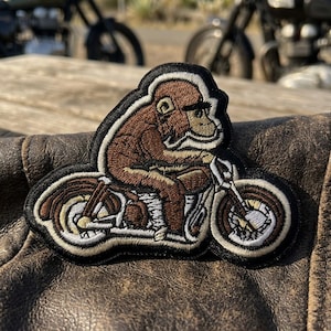 Embroidered Monkey Riding Motorcycle Patch, Fun Animal Design, Iron-On or Sew-On, Jacket Hat Backpack Applique Badge