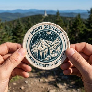 May include: A round patch featuring a mountain landscape with the text "Mount Greylock Massachusetts - 3,491FT". The patch has a cream-colored border and a detailed embroidered design in shades of blue, green, and white.