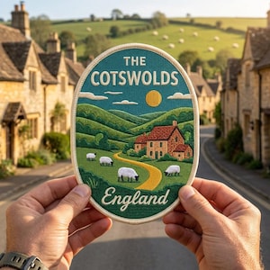 May include: An oval embroidered patch featuring a landscape of green rolling hills, a stone cottage, and four white sheep grazing near a yellow path. The text reads THE COTSWOLDS at the top and England at the bottom in white lettering.