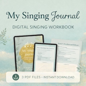 Puede incluir: Cuaderno de trabajo de canto digital titulado "My Singing Journal" con un fondo azul claro. La imagen muestra dos tabletas y una página impresa. Las tabletas muestran la portada del diario y una página del cuaderno de trabajo. El texto incluye "3 PDF FILES • INSTANT DOWNLOAD".