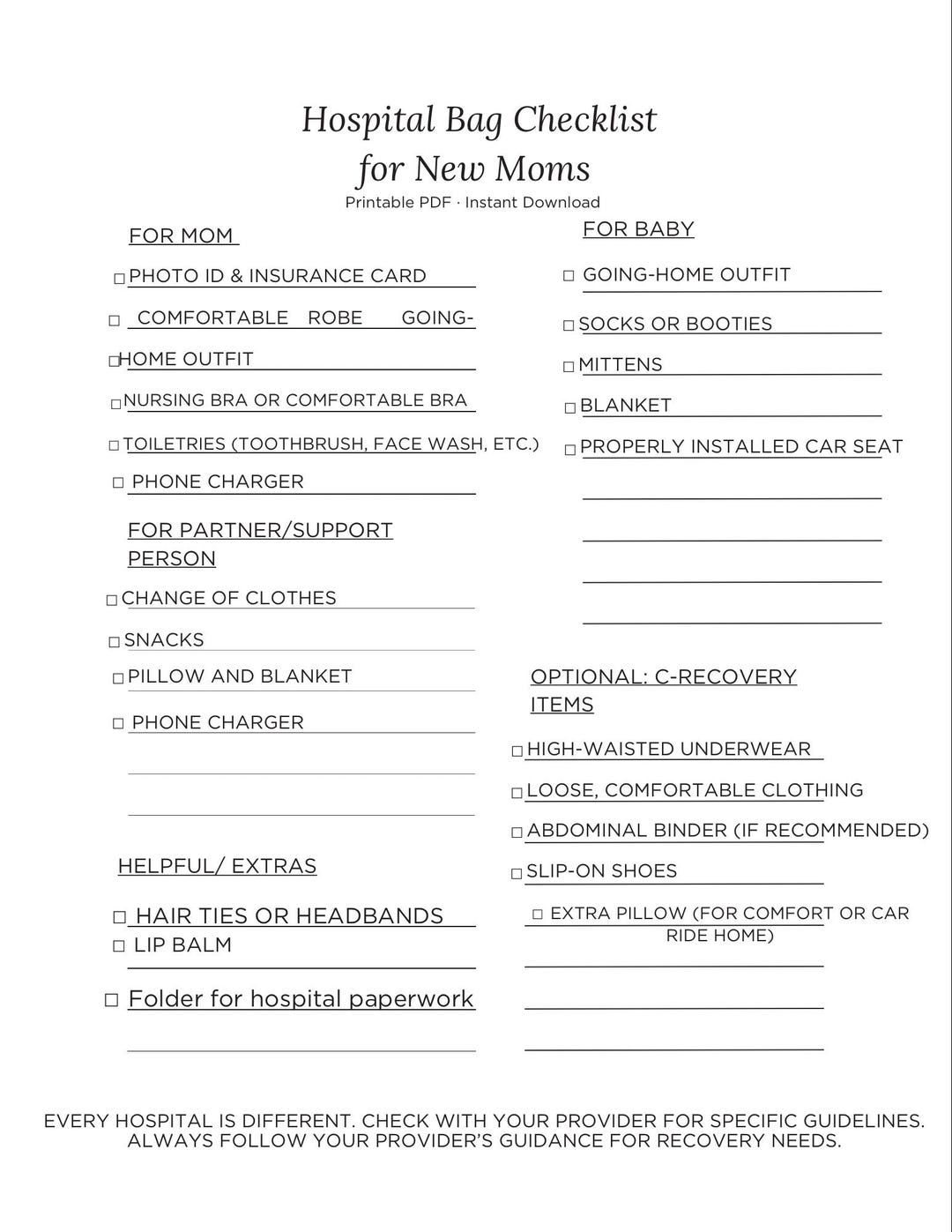 Hospital Bag Checklist for New Moms | Printable What to Pack for Labor ...