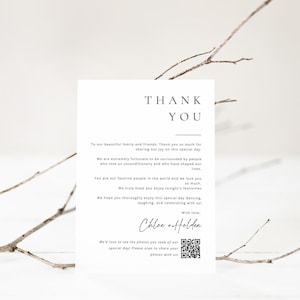 May include: A white thank you card with black text. The card reads "THANK YOU" at the top, followed by a message of gratitude and well wishes. The card is signed "Chloe + Holden" and includes a QR code.