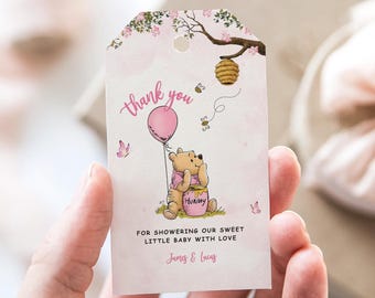 Nalle Puh babyshowerflicka rosa julgranskulor: Redigerbart tackkort (2x3,5")