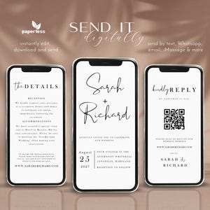 Könnte beinhalten: Drei Smartphones mit Details zu einer Hochzeitseinladung. Das mittlere Telefon zeigt "Sarah + Richard" mit Datum und Uhrzeit. Das linke Telefon hat Empfangsdetails, und das rechte Telefon hat einen QR-Code. Der Text "SEND IT digitally" steht oben.
