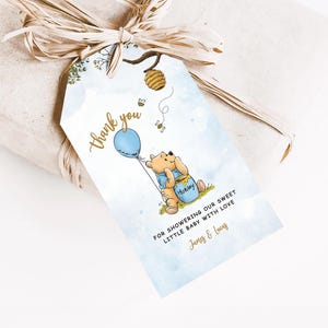 Nalle Puh babyshower-gåvoetikett: Redigerbart tackkort (2x3,5")