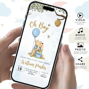 May include: A baby shower invitation on a smartphone screen. The design features a cartoon bear holding a balloon, with the text "Oh Boy." Additional text includes the baby shower details: date, time, and location. The invitation is held in a person's hands.