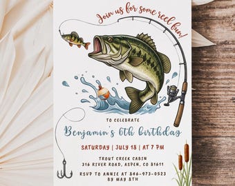 May include: A white birthday invitation card featuring a large green bass fish jumping out of blue water, a fishing rod, a small fish, and a bobber. The text reads: Join us for some reel fun! TO CELEBRATE Benjamin's 6th birthday SATURDAY | JULY 18 | AT 7 PM TROUT CREEK CABIN 316 RIVER ROAD, ASPEN, CO 81611 RSVP TO ANNIE AT 846-973-0523 BY MAY 8TH.