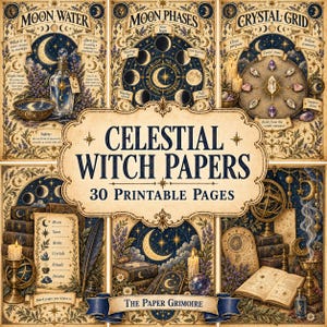 Può includere: Una raccolta di 30 pagine stampabili intitolate Celestial Witch Papers e The Paper Grimoire, con illustrazioni dettagliate di fasi lunari, griglie di cristalli, acqua lunare, candele, libri e motivi celesti in blu, oro e crema.