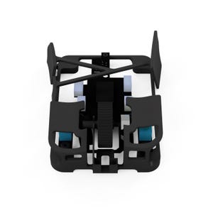 May include: A top-down view of a black, geometric mechanical component with a complex, open frame design. The component features rectangular and angled sections, with light blue and white accents. The overall shape is symmetrical and appears to be a part of a larger mechanism.