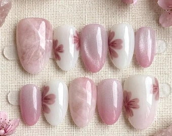 Cherry Blossom Press On Nails | Soft Pink Marble Floral Cat Eye Reusable