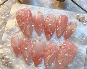 Pink Floral 3D Almond Press On Nails, Romantic Pearl Bridal Set