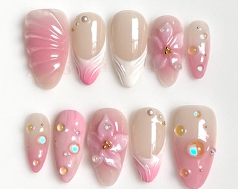 Pink 3D Flower Press on Nails | Mermaid Pearl Almond Shape Gel Nails