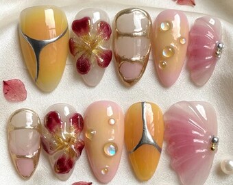 3D Floral Press On Nails, Almond Blush Gold Chrome, Elegant Bridal Fake Nails