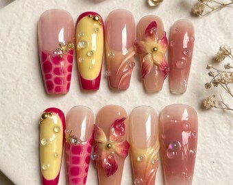 3D Floral Press on Nails | Pink Orchid, Water Drop, Hibiscus Gel Fake Nails