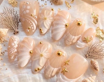 Seashell Pearl Press On Nails, Beach Wedding Bridal Almond Luxury Summer