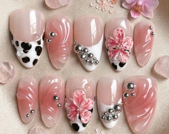 Pink 3D Flower Press on Nails | Cow Print French Tip, Y2K False Nails