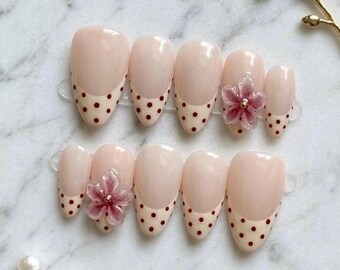 Red Polka Dot French Tip Almond Press on Nails with 3D Flower Charm