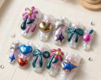 Colorful 3D Press On Nails, Y2K Bow Heart Star Charms, Reusable Fake Nails